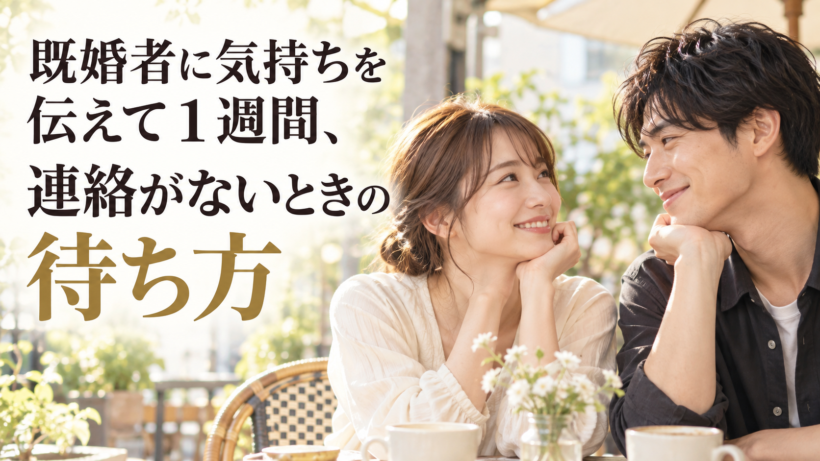 幸せそうに微笑み合う２０代の日本人カップルと「既婚者に気持ちを伝えて１週間、連絡がないときの待ち方」のタイトル