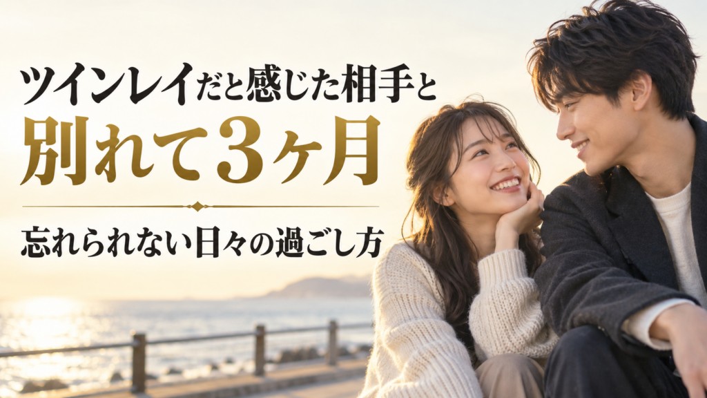 微笑み合う20代の日本人カップルと「ツインレイだと感じた相手と別れて3ヶ月|忘れられない日々の過ごし方」のタイトル
