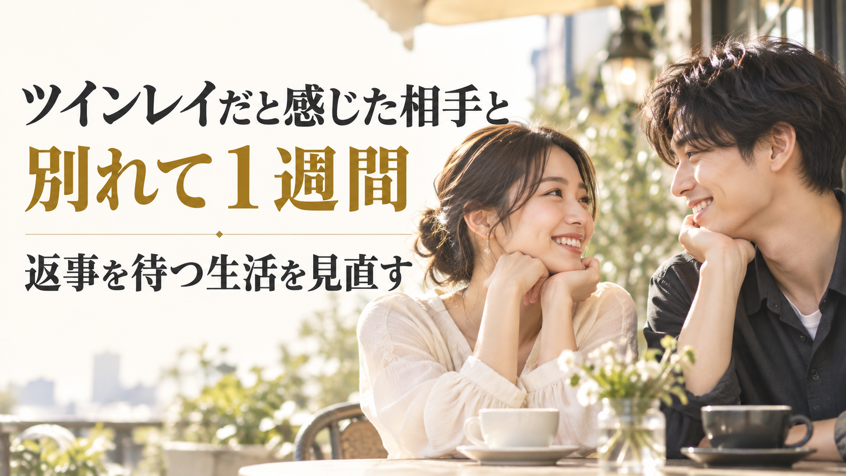 微笑み合う２０代の日本人カップルと「ツインレイだと感じた相手と別れて１週間｜返事を待つ生活を見直す」のタイトル