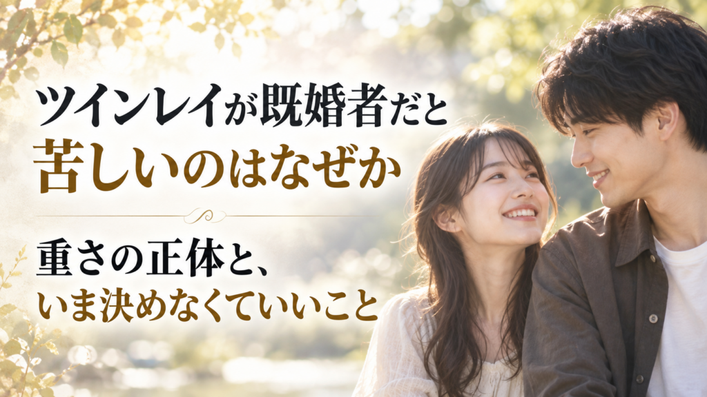 微笑み合う20代の日本人カップルと「ツインレイが既婚者だと苦しいのはなぜか|重さの正体と、いま決めなくていいこと」のタイトル