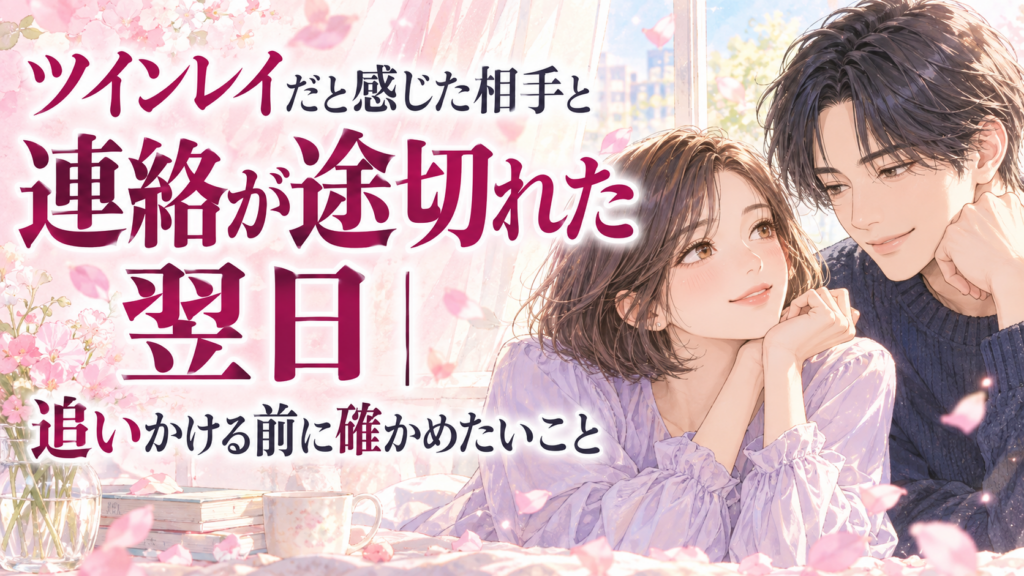 少女漫画風の20代の男女と「ツインレイだと感じた相手と連絡が途切れた翌日|追いかける前に確かめたいこと」の大きなタイトル