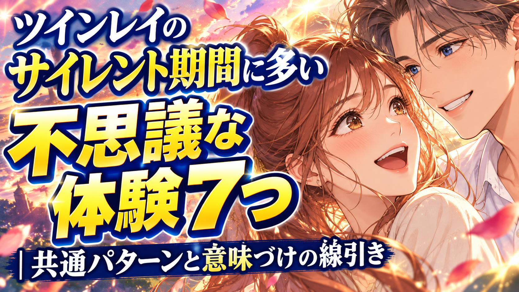 恋愛アニメ風の２０代の男女の表情アップと「ツインレイのサイレント期間に多い不思議な体験７つ｜共通パターンと意味づけの線引き」の大きなタイトル