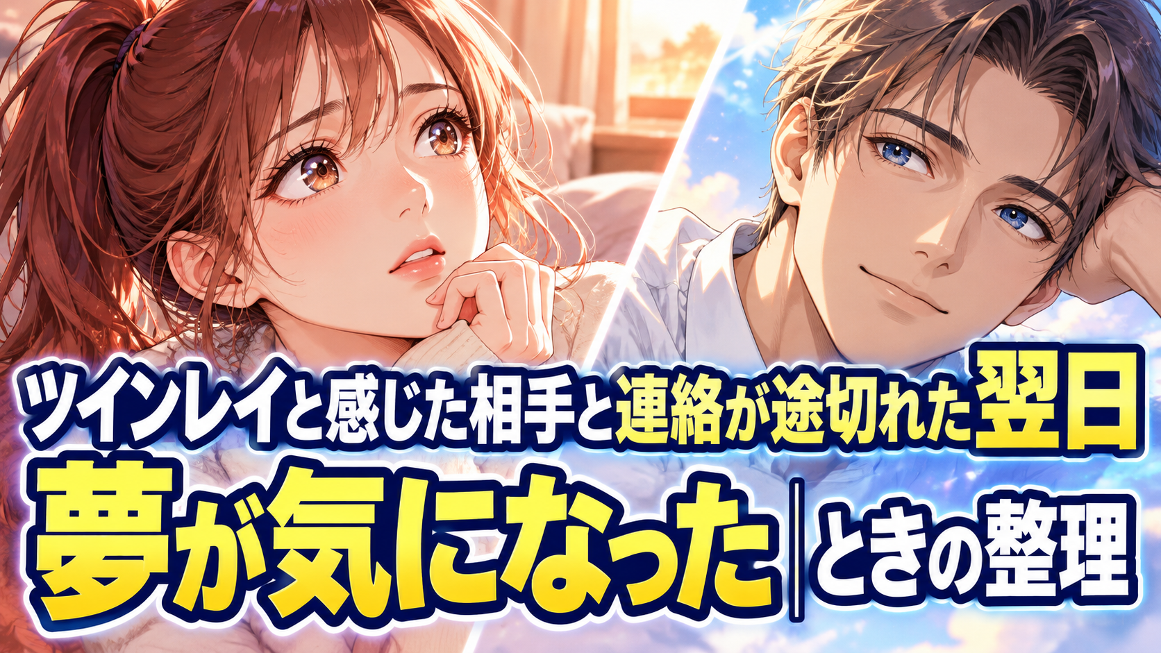 恋愛アニメ風の２０代の男女の表情アップと「ツインレイと感じた相手と連絡が途切れた翌日｜夢が気になったときの整理」の大きなタイトル