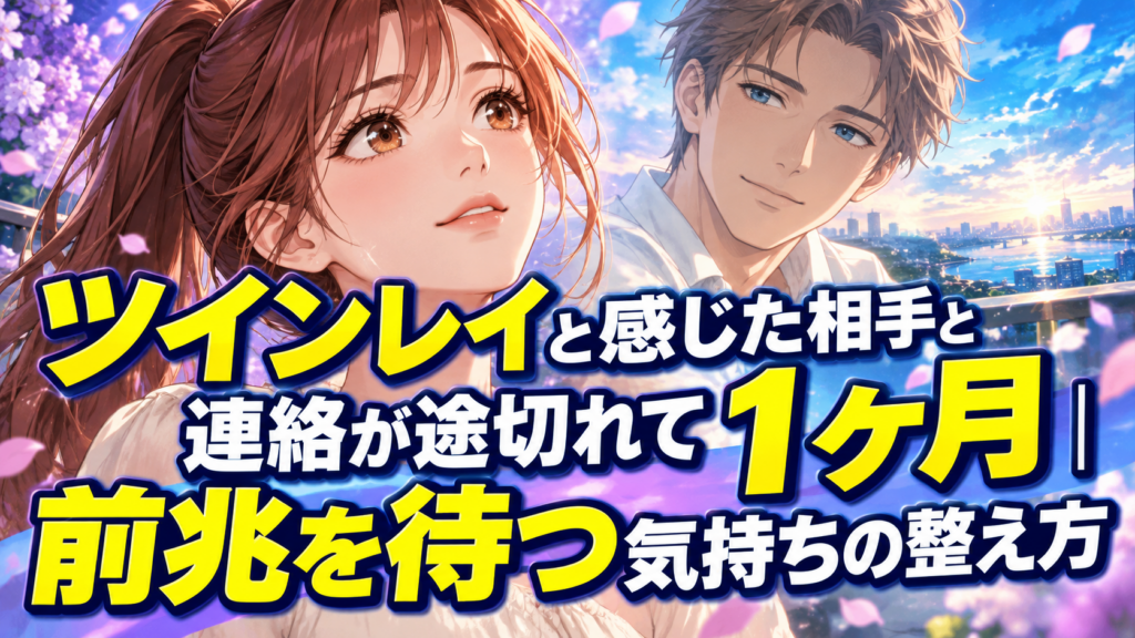 恋愛アニメ風の20代の男女の表情アップと「ツインレイと感じた相手と連絡が途切れて1ヶ月|前兆を待つ気持ちの整え方」の大きなタイトル