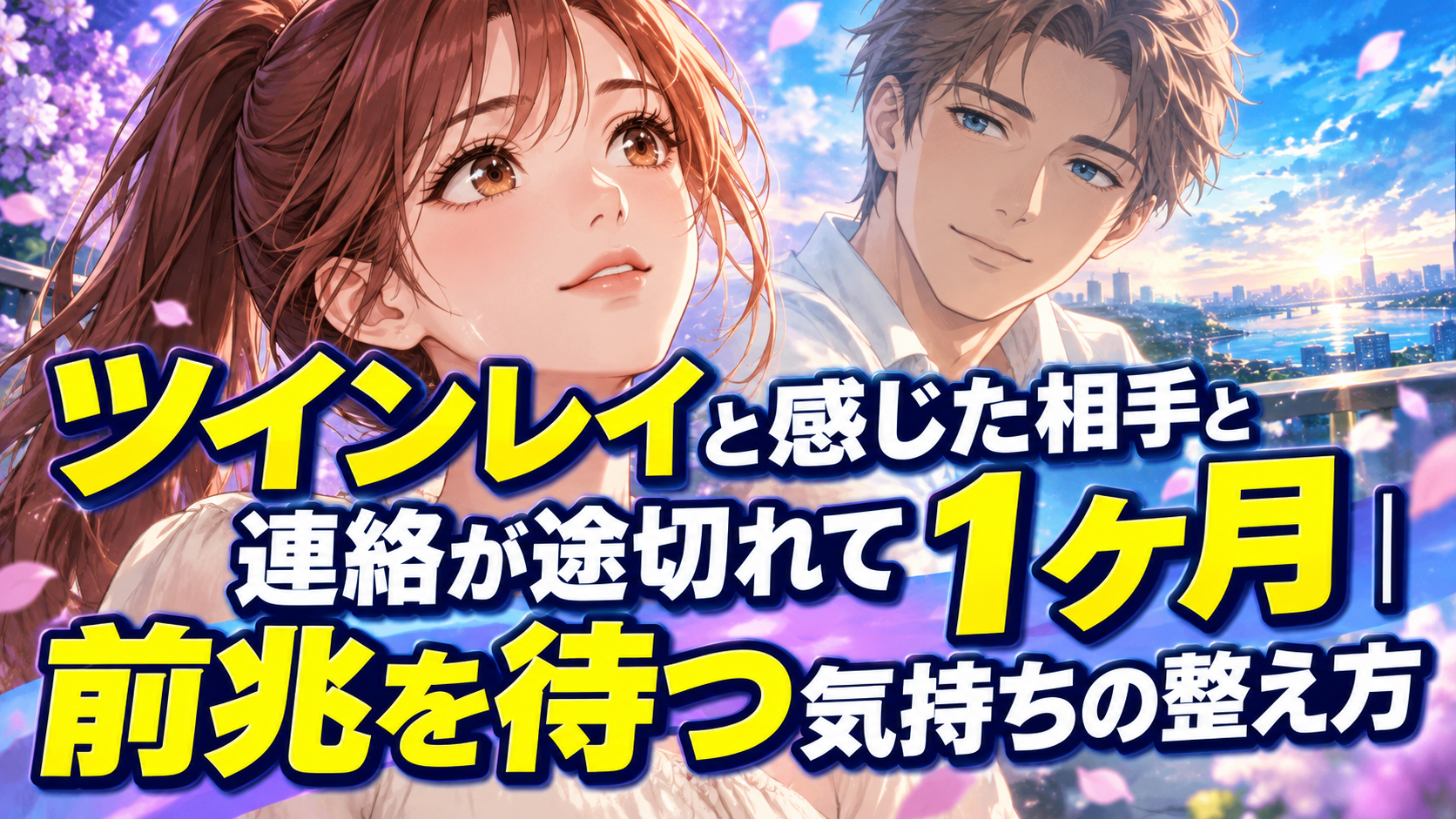恋愛アニメ風の２０代の男女の表情アップと「ツインレイと感じた相手と連絡が途切れて１ヶ月｜前兆を待つ気持ちの整え方」の大きなタイトル