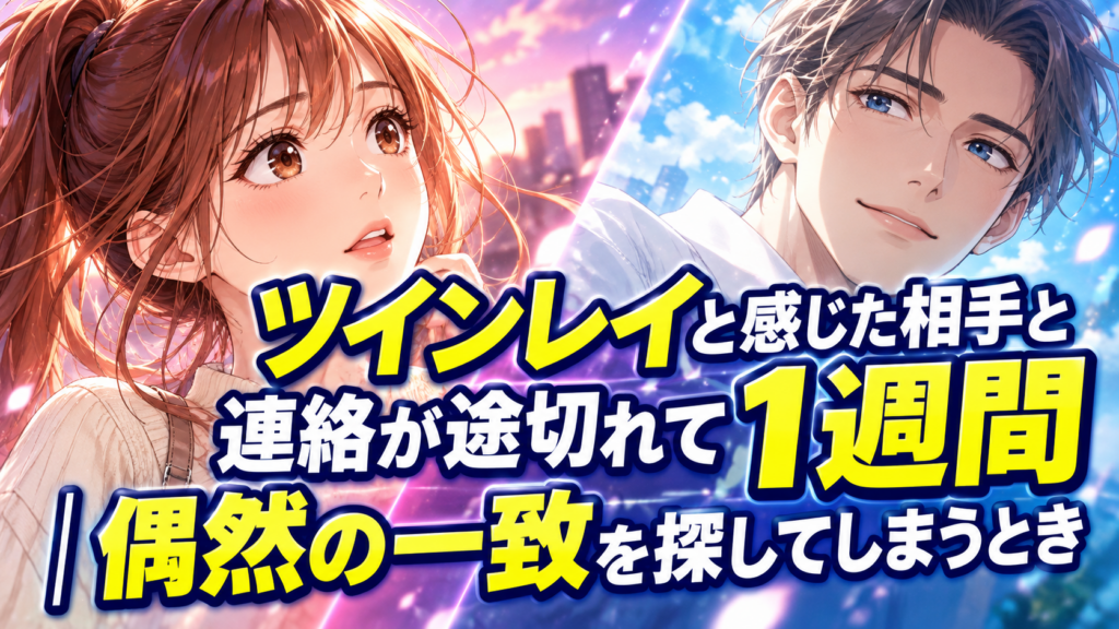 恋愛アニメ風の20代の男女の表情アップと「ツインレイと感じた相手と連絡が途切れて1週間|偶然の一致を探してしまうとき」の大きなタイトル