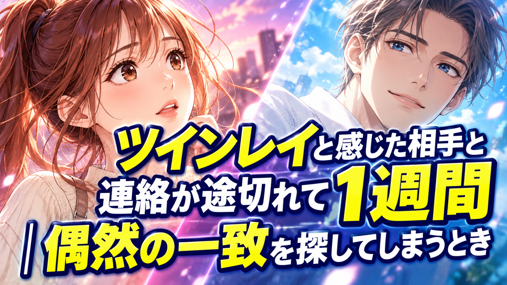 恋愛アニメ風の２０代の男女の表情アップと「ツインレイと感じた相手と連絡が途切れて１週間｜偶然の一致を探してしまうとき」の大きなタイトル