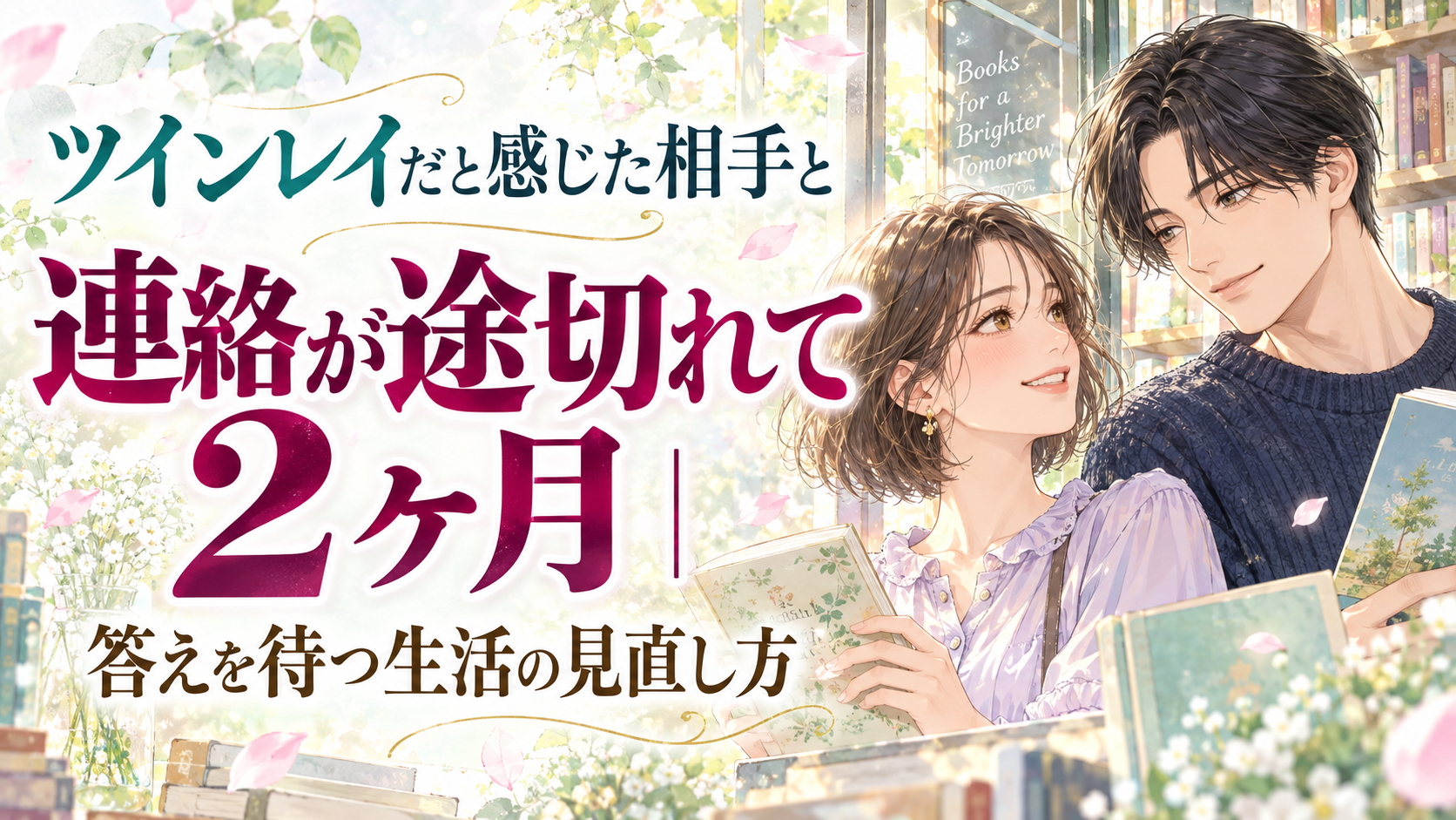 少女漫画風の２０代の男女と「ツインレイだと感じた相手と連絡が途切れて２ヶ月｜答えを待つ生活の見直し方」の大きなタイトル