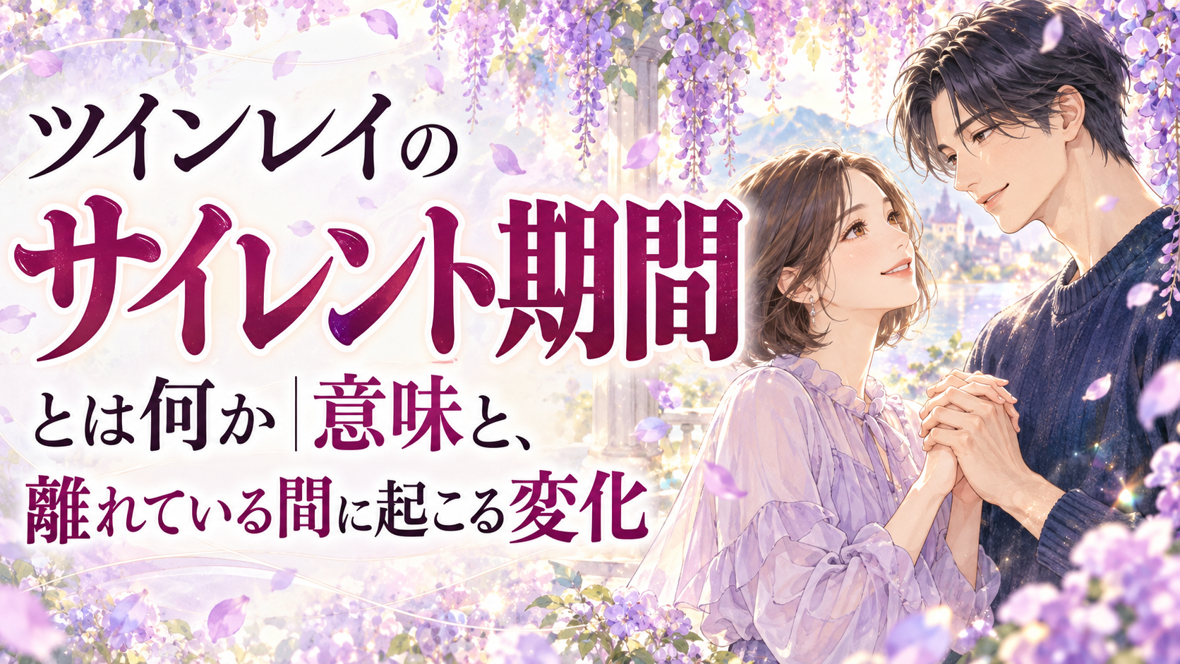 少女漫画風の２０代の男女と「ツインレイのサイレント期間とは何か｜意味と、離れている間に起こる変化」の大きなタイトル