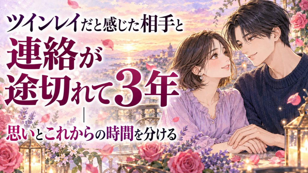 少女漫画風の20代の男女と「ツインレイだと感じた相手と連絡が途切れて3年|思いとこれからの時間を分ける」の大きなタイトル