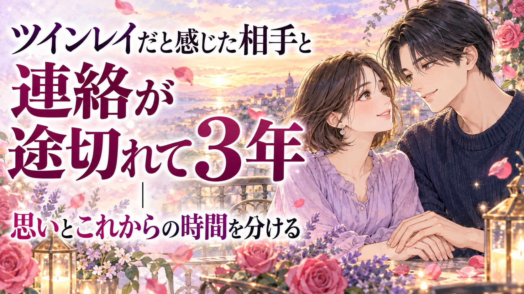 少女漫画風の２０代の男女と「ツインレイだと感じた相手と連絡が途切れて３年｜思いとこれからの時間を分ける」の大きなタイトル