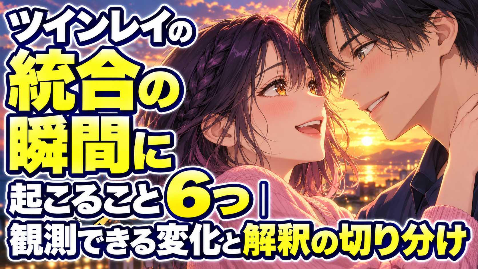 ツインレイの統合の瞬間に起こること６つ｜観測できる変化と解釈の切り分けの恋愛アニメ風イメージ