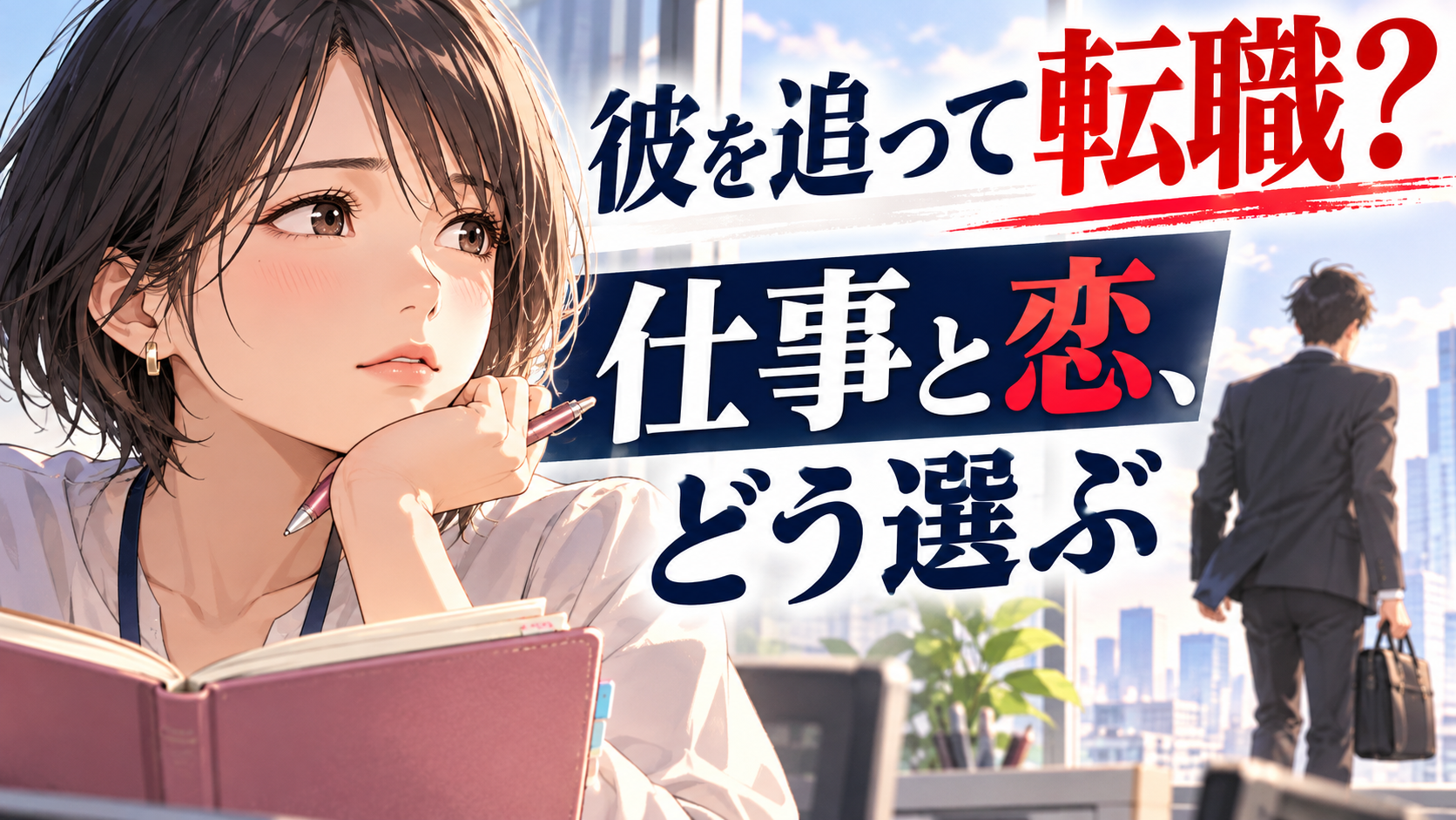 彼を追って転職？仕事と恋、どう選ぶ｜手帳を開いて考える女性のイラスト
