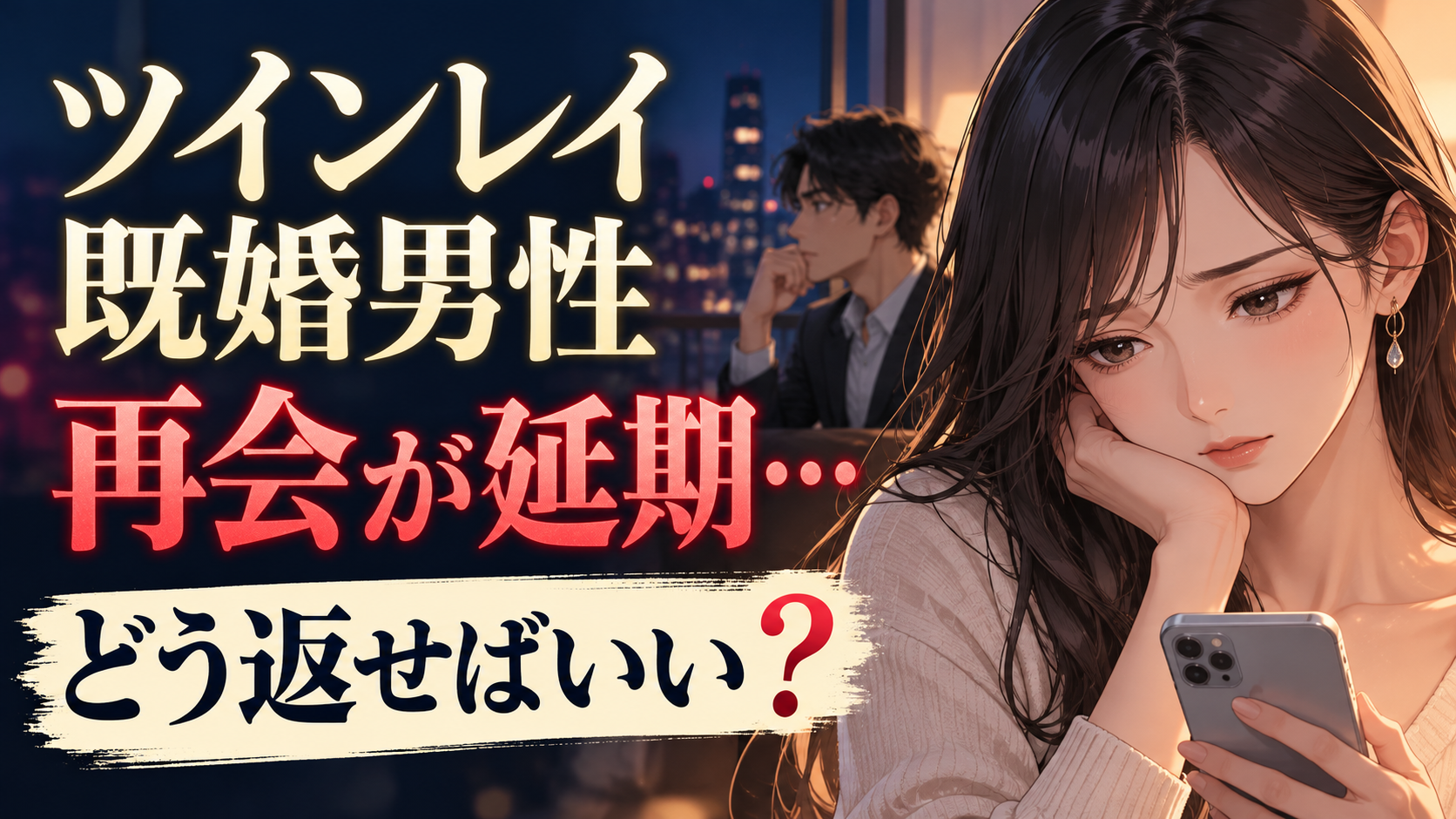 ツインレイ既婚男性との再会が延期になり、返事を考える女性のイラスト