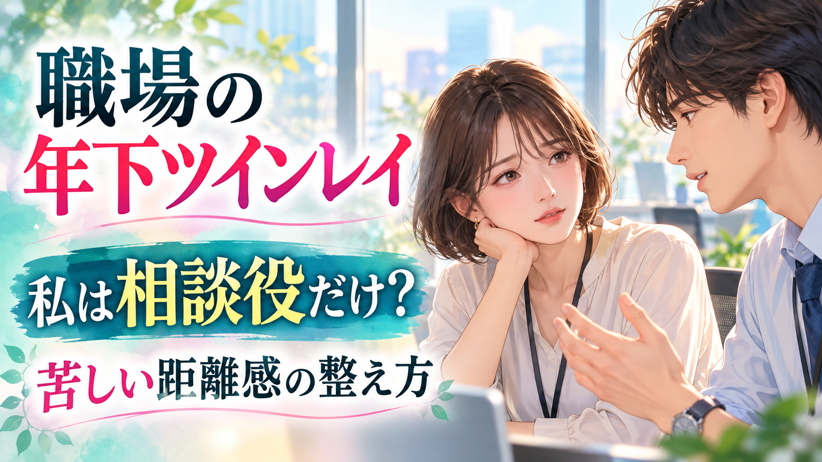職場の年下男性の相談を聞き、自分の気持ちも大切にしたい女性のイラスト